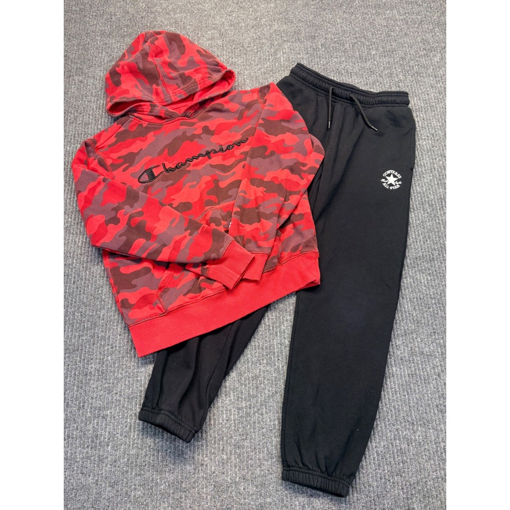 Champion Red Camo Hoodie & Converse Black Joggers Set Kids Medium 10-12